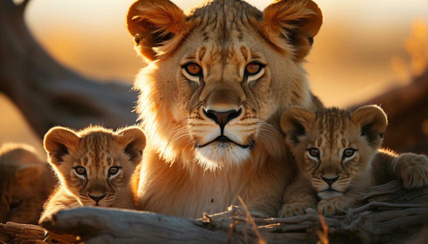 leoa, pôr do sol, safári, família, filhote, animais selvagens, região selvagem, grama, caçador gerado de ai foto