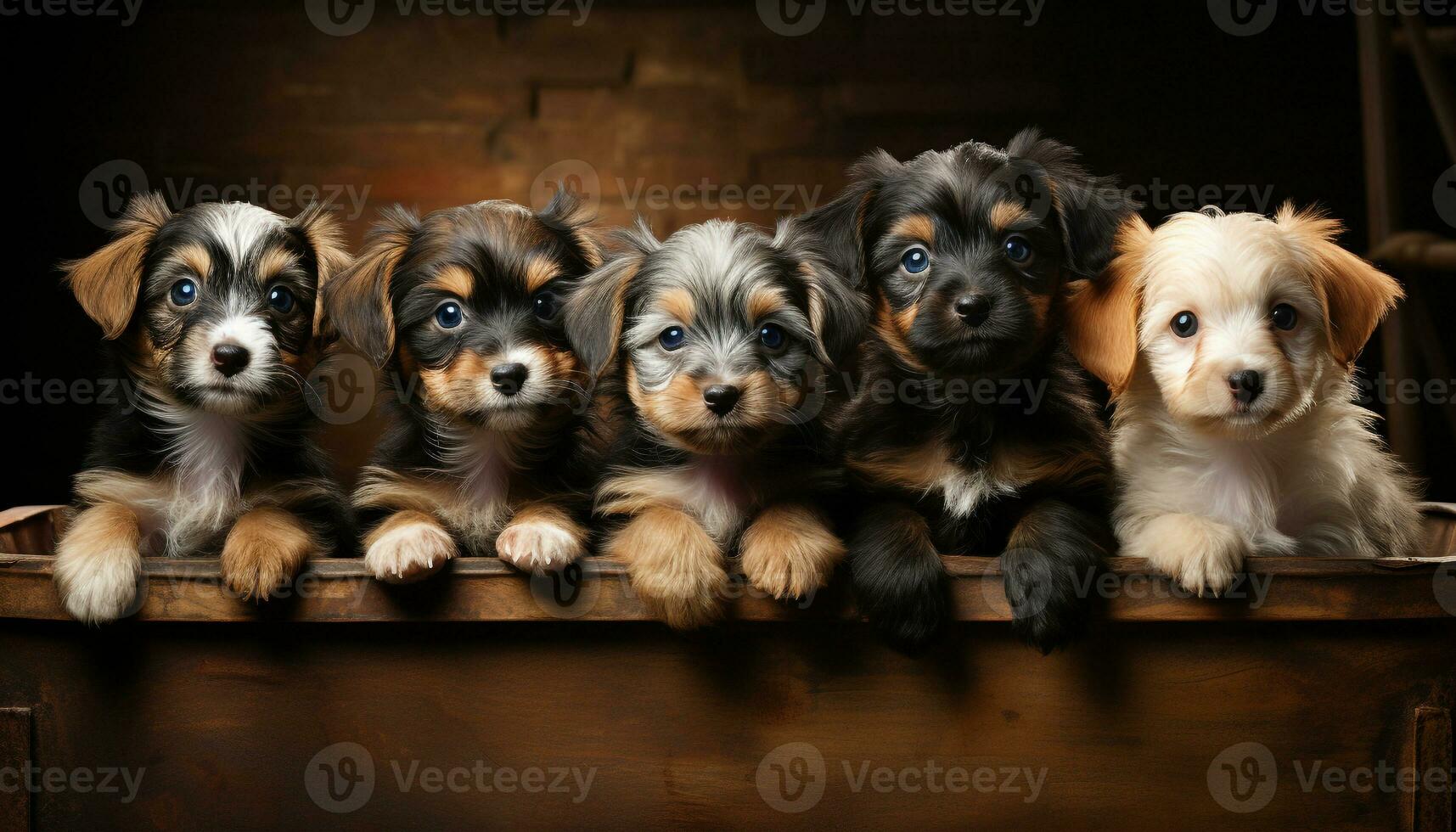 fofa cachorro sentado, olhando às Câmera, cercado de brincalhão amigos gerado de ai foto