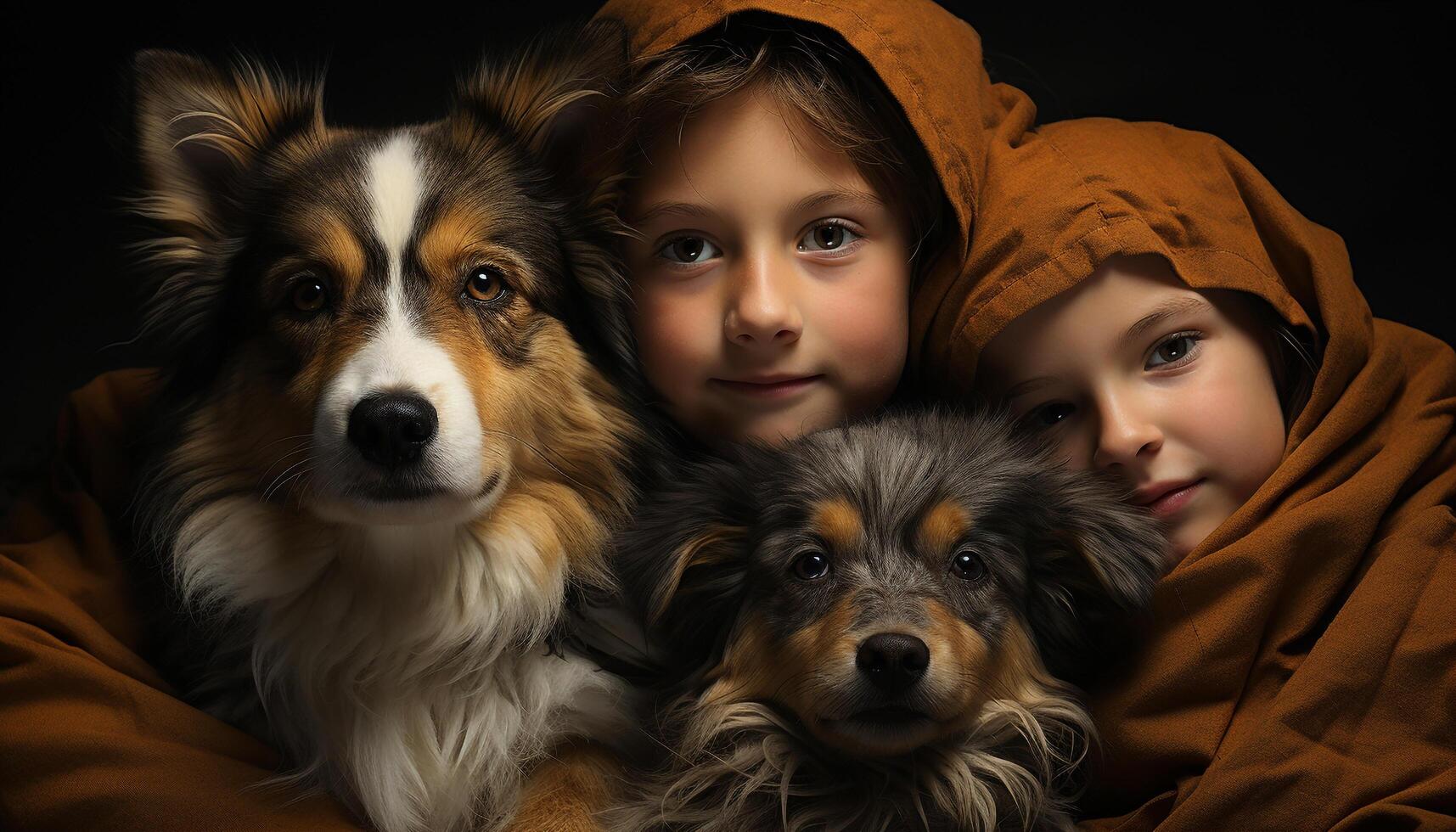 fofa cachorro, de raça pura e pequeno, sentado com uma sorridente criança gerado de ai foto