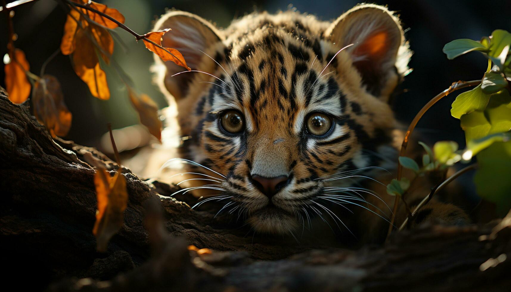 tigre se escondendo dentro a floresta, encarando com beleza dentro natureza gerado de ai foto