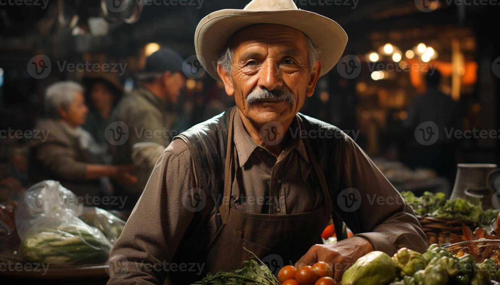 uma maduro agricultor vendendo fresco vegetais, olhando às Câmera com orgulho gerado de ai foto