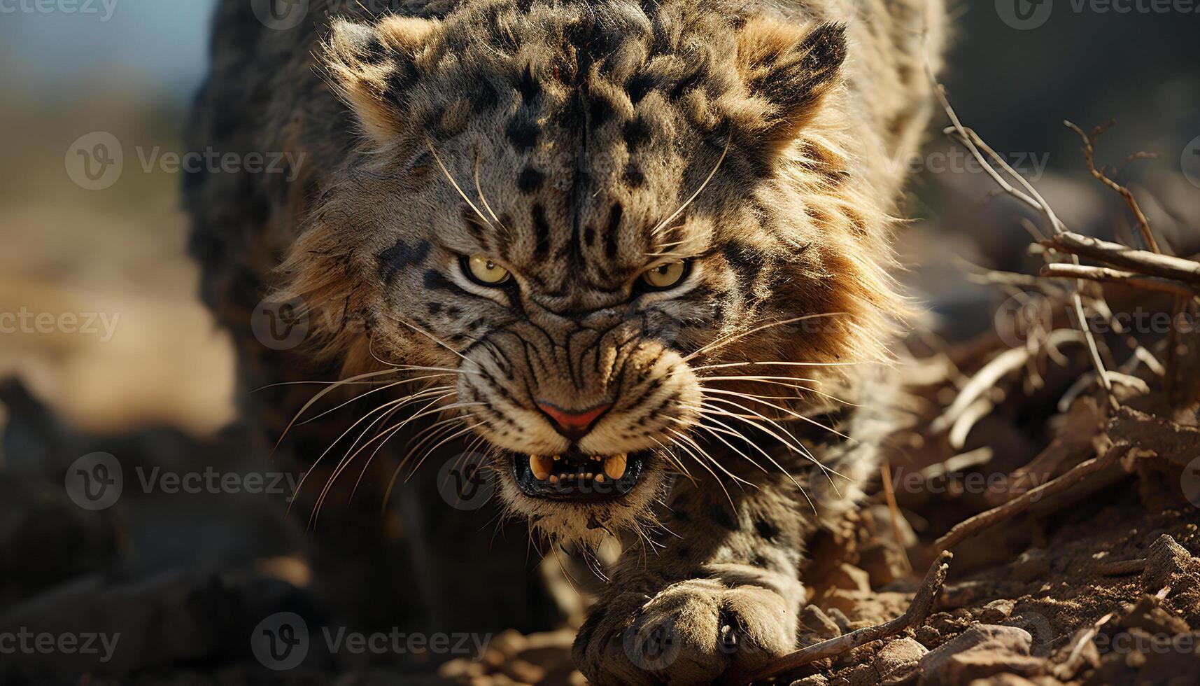 majestoso tigre, feroz e selvagem, encarando com seletivo foco gerado de ai foto