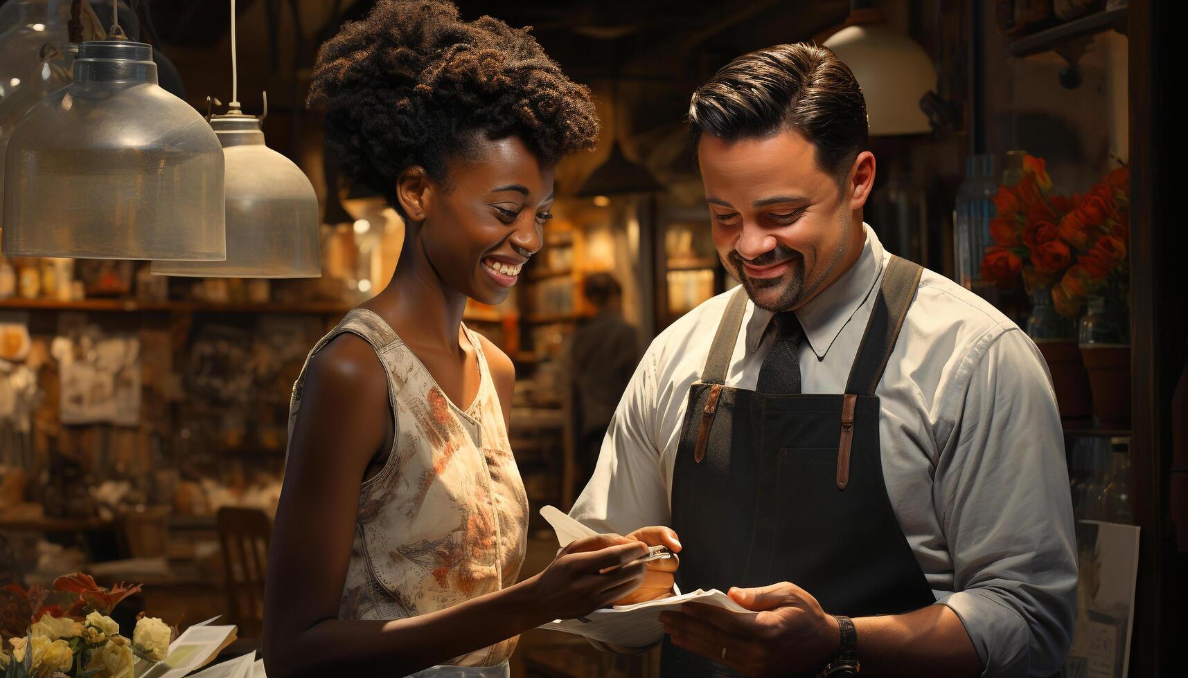 dois jovem mulheres, sorridente, trabalhando dentro uma pequeno café fazer compras gerado de ai foto