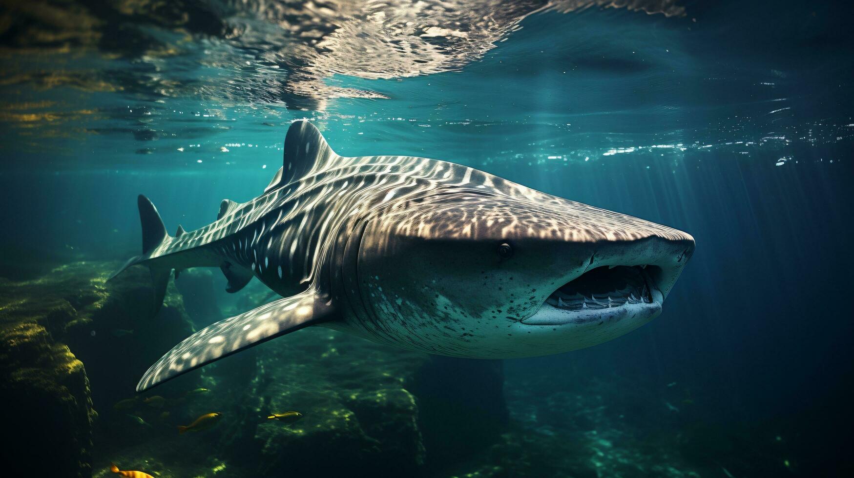 ótimo branco Tubarão natação dentro a profundo azul oceano foto
