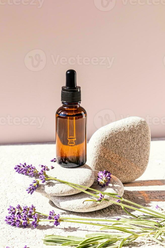 uma Cosmético garrafa com uma conta-gotas com uma natural remédio Sediada em lavanda óleo para facial pele Cuidado carrinhos em natural cinzento pedras. embalagem. vazio. foto