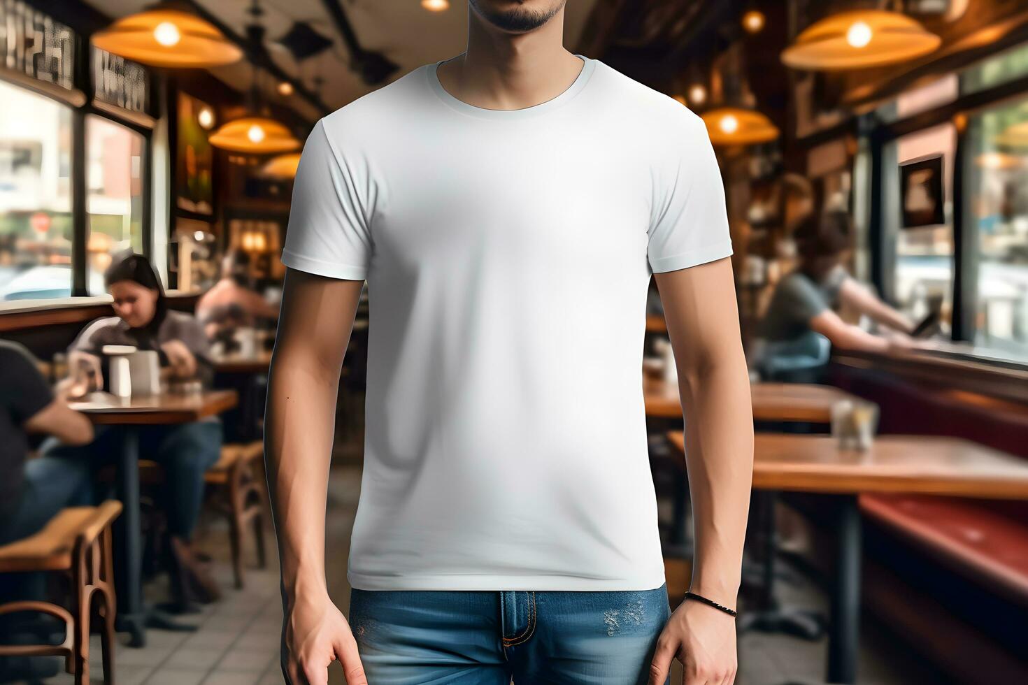 jovem homem vestindo Bella tela de pintura branco t camisa e jeans, às uma acolhedor restaurante em verões dia. Projeto camiseta modelo, impressão apresentação brincar. ai gerado. foto