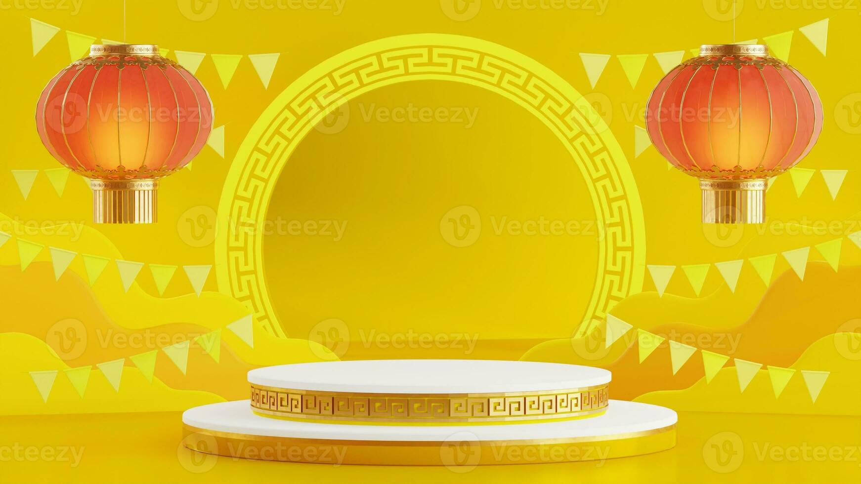 3d ilustração chinês vegetariano festival, nove imperador Deuses festival, parente j, 3d produtos pódio com amarelo e chinês detalhe elementos em fundo cor . foto