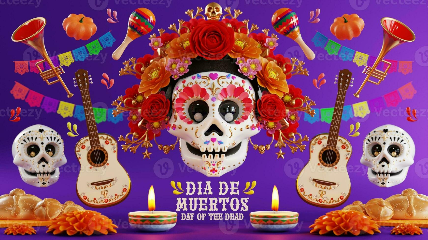 3d Renderização ilustração para dia do a morto, dia de muertos altar conceito. composição do fofa açúcar crânios, branco velas, calêndula flores do a morto. 3d ilustração. foto