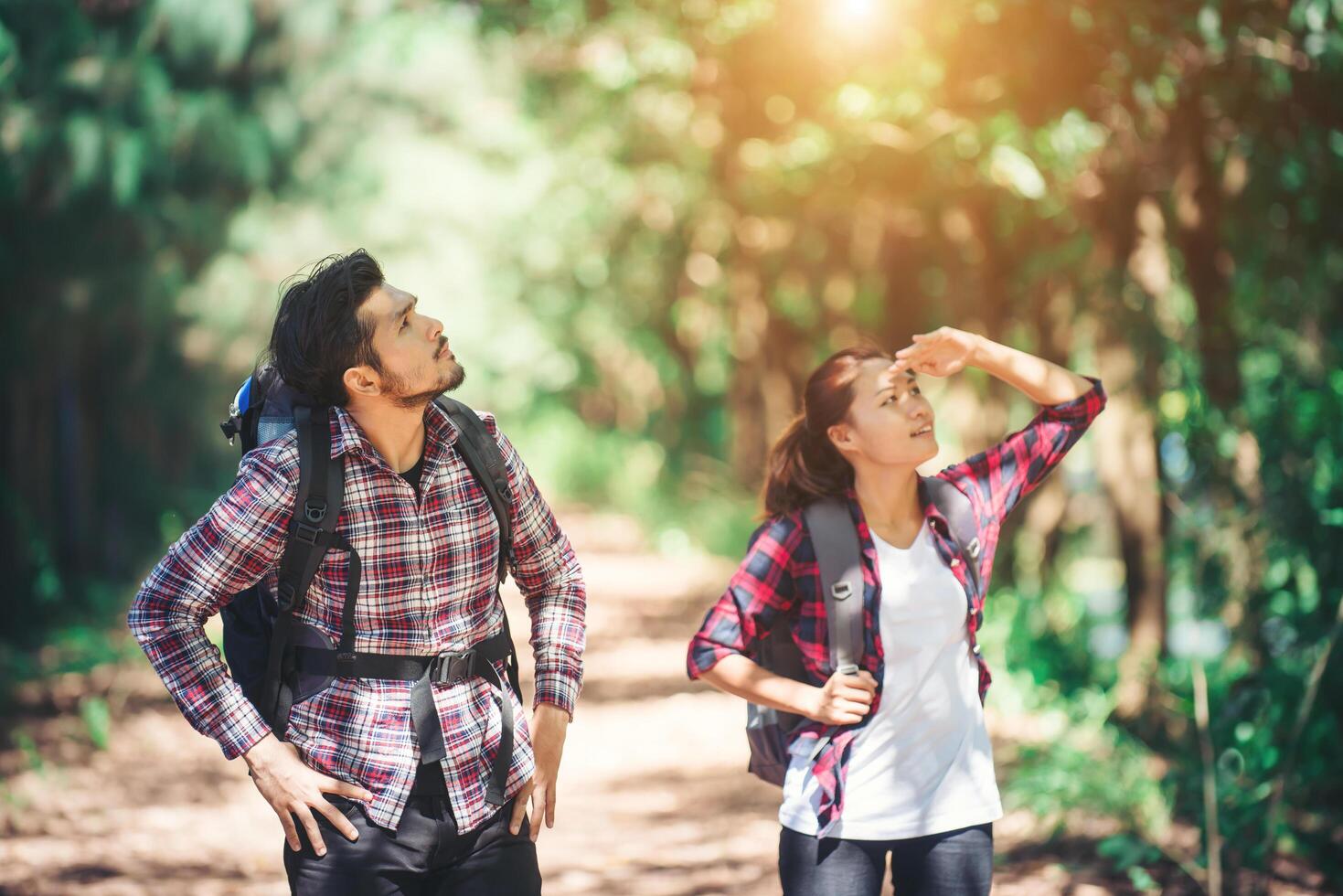 jovem casal pára de procurar algo durante uma caminhada juntos. foto