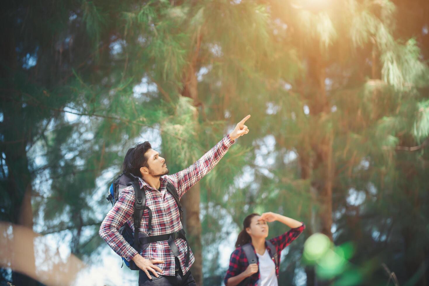 casal caminhando na floresta juntos. férias de viagens de aventura. foto