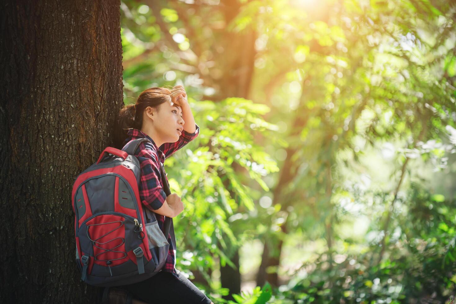 mulher caminhante cansada relaxa com uma grande caminhada de mochila na floresta. foto