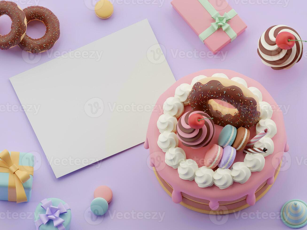 branco papel com aniversário bolo para celebração festa, presente caixa, rosquinha, macaron, feliz aniversário, 3d ilustração foto