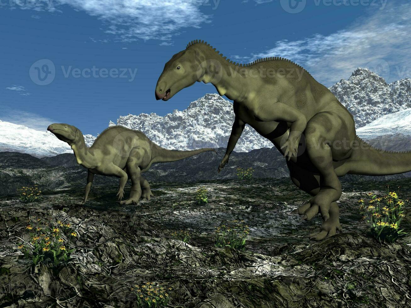 dois camptossauro dinossauros caminhando juntos - 3d render foto