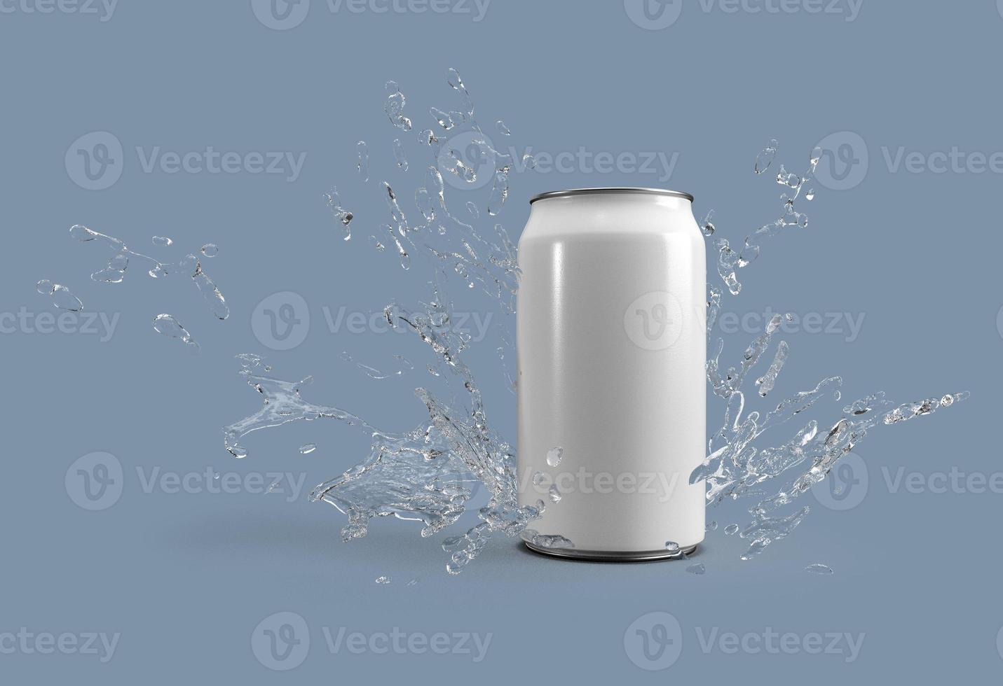 Imagem de renderização 3D de lata branca e respingos de água foto