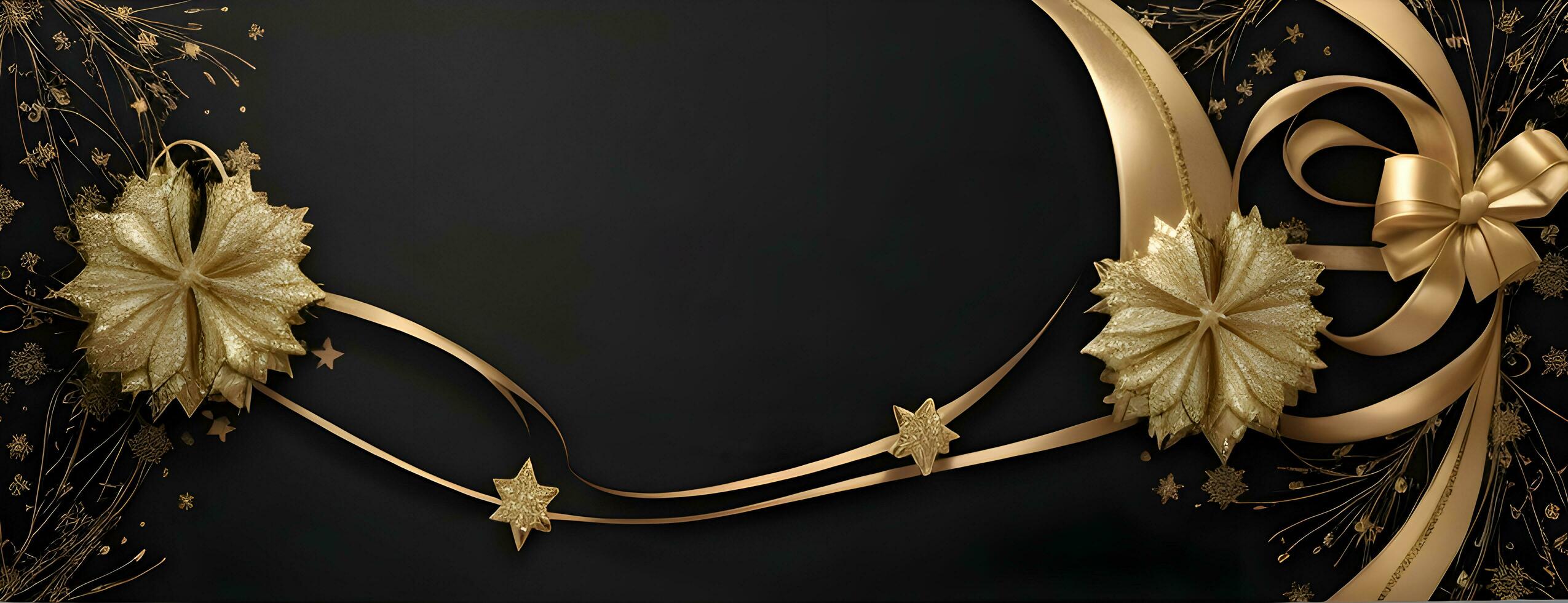 a elegante Natal saudações bandeira com dourado redemoinho fitas graciosamente enrolamento por aí brilhando estrelas em uma rico Preto fundo foto