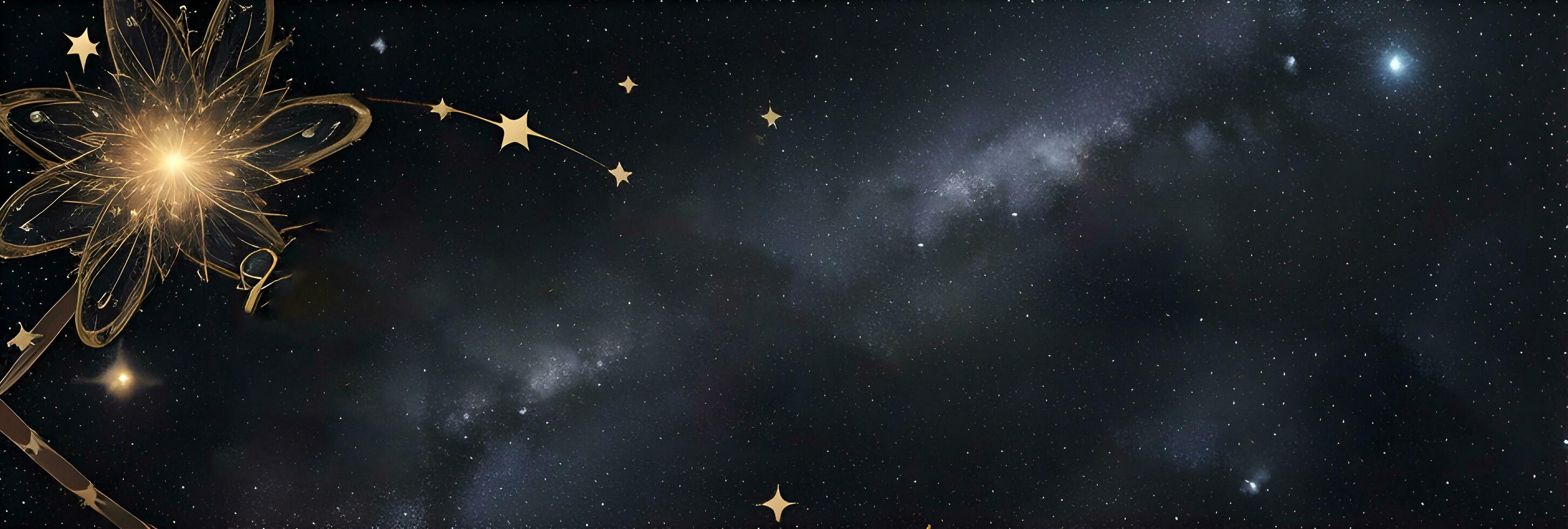 com tema cósmico Natal saudações bandeira com rodopiando semelhante a uma galáxia fitas e espumante estrelas contra uma profundo Preto tela de pintura foto