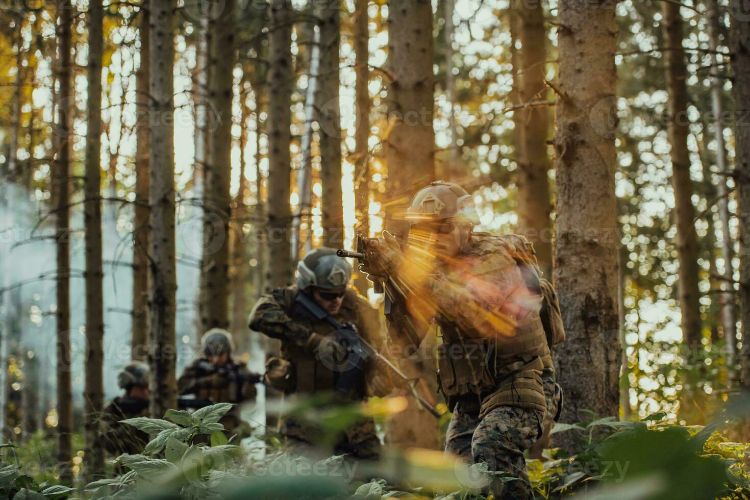 uma grupo do moderno guerra soldados é brigando uma guerra dentro perigoso controlo remoto floresta áreas. uma grupo do soldados é brigando em a inimigo linha com moderno armas. a conceito do guerra e militares conflitos foto