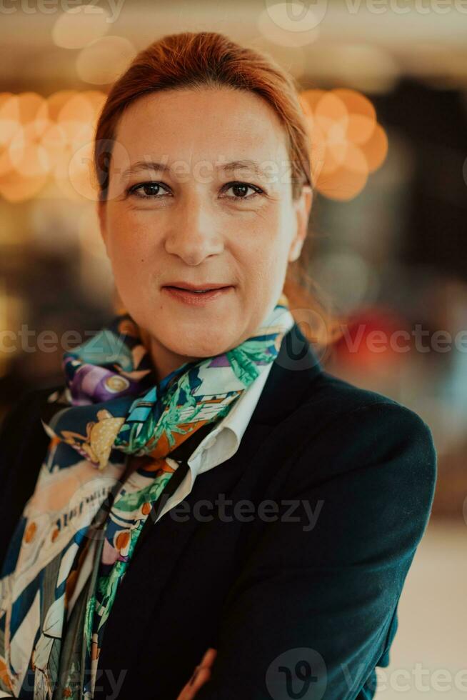 retrato do o negócio Senior mulher com cruzado braços em pé dentro moderno corporação. seletivo foco foto