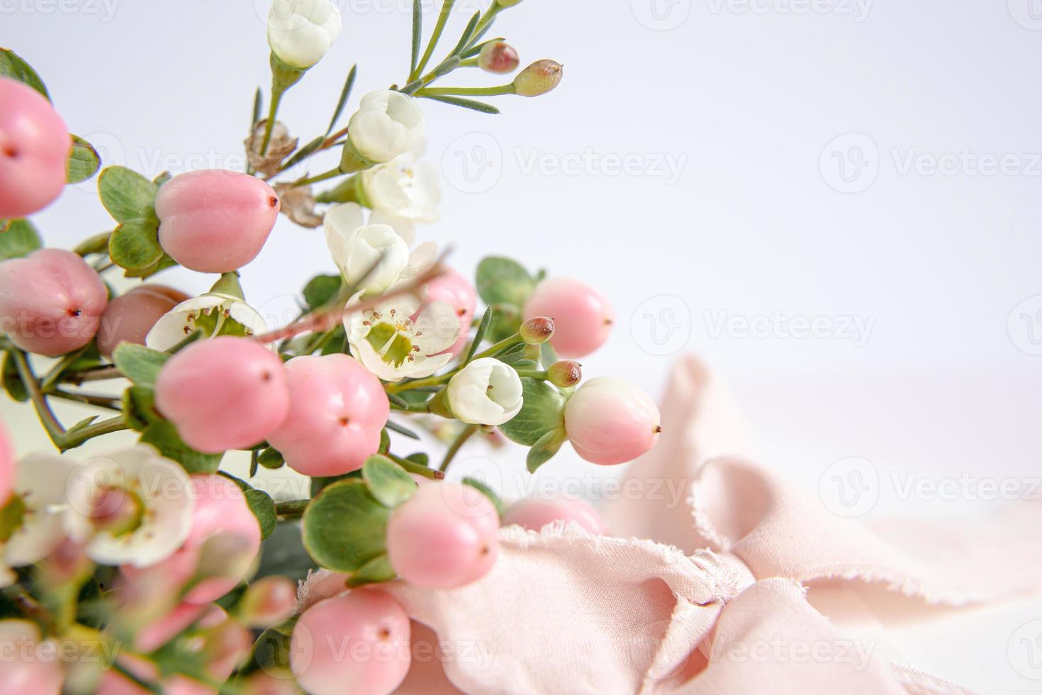 flores de pêssego em roxo com fita. cartão de felicitações. foto