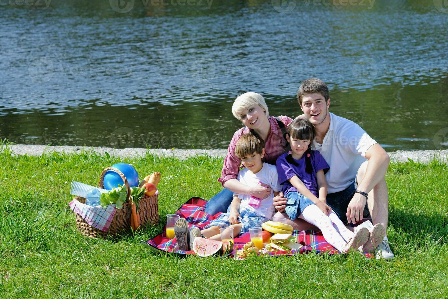 família feliz jogando juntos em um piquenique ao ar livre foto