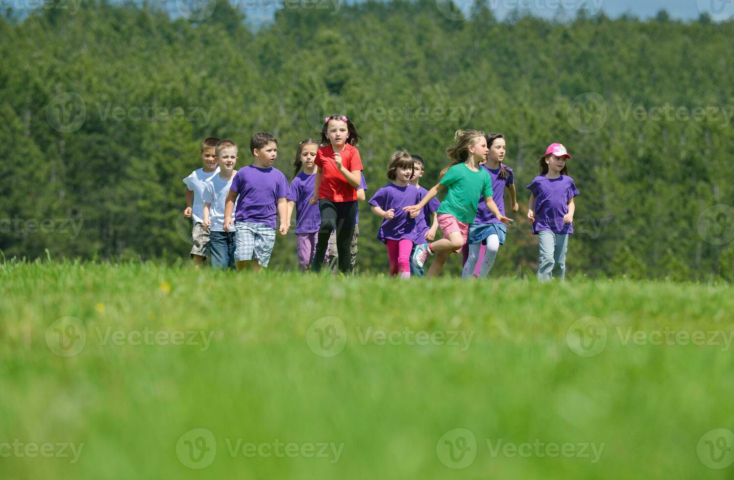 grupo de crianças felizes se divertem na natureza foto