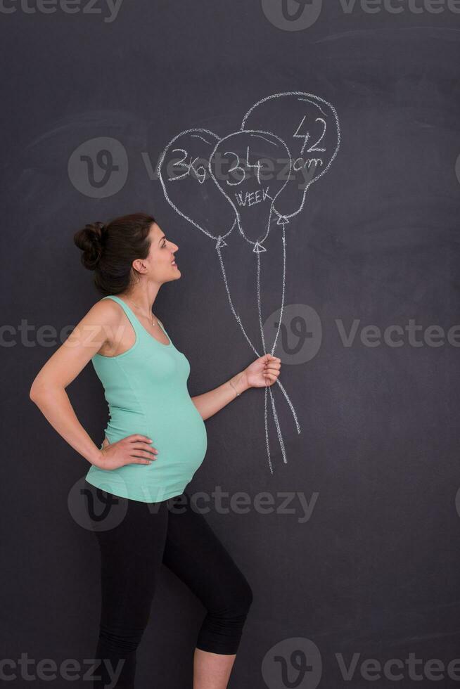 retrato de mulher grávida na frente de lousa preta foto