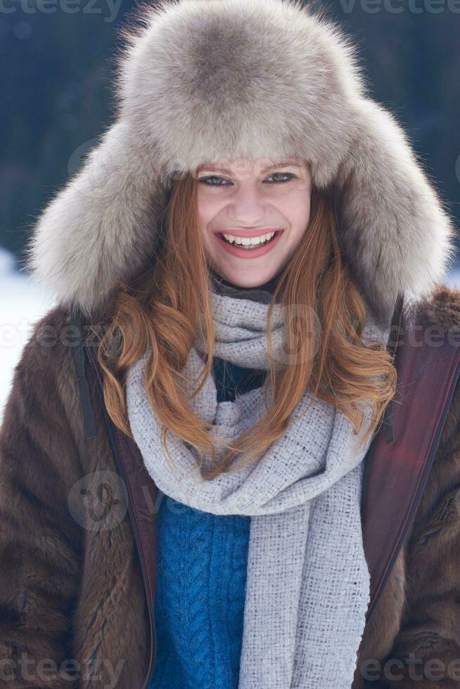 retrato de uma bela jovem ruiva na paisagem de neve foto