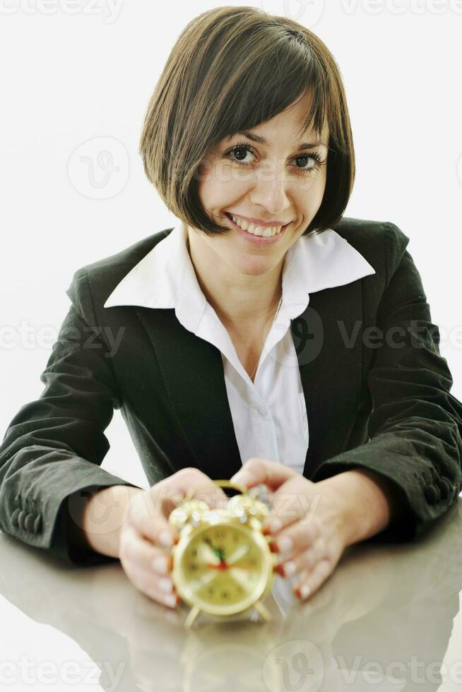 Tempo administração conceito com o negócio mulher isolado em branco foto