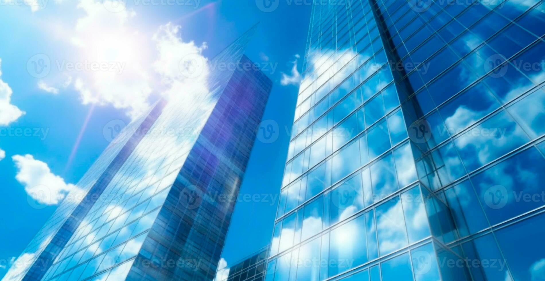 financeiro distrito, o negócio arranha-céu, Sol brilho dentro a janelas do a construção - ai gerado imagem foto
