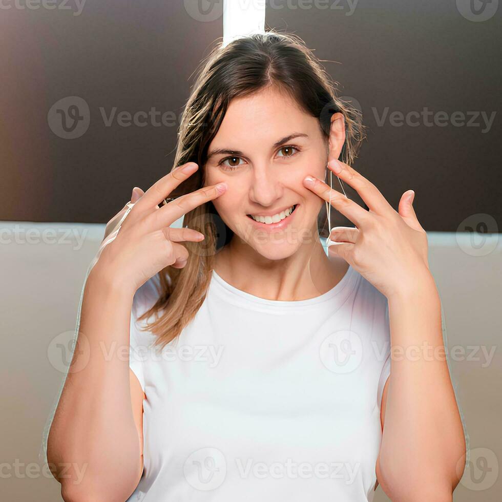 feliz sorridente mulher dentro branco camiseta brincar foto