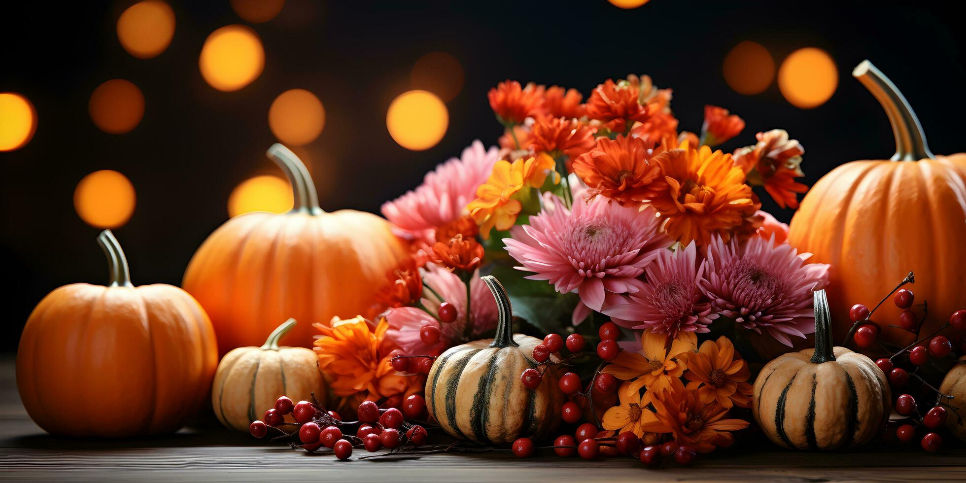 festivo outono decoração com abóboras, flores e outono folhas. Ação de graças dia ou dia das Bruxas bandeira conceito. foto