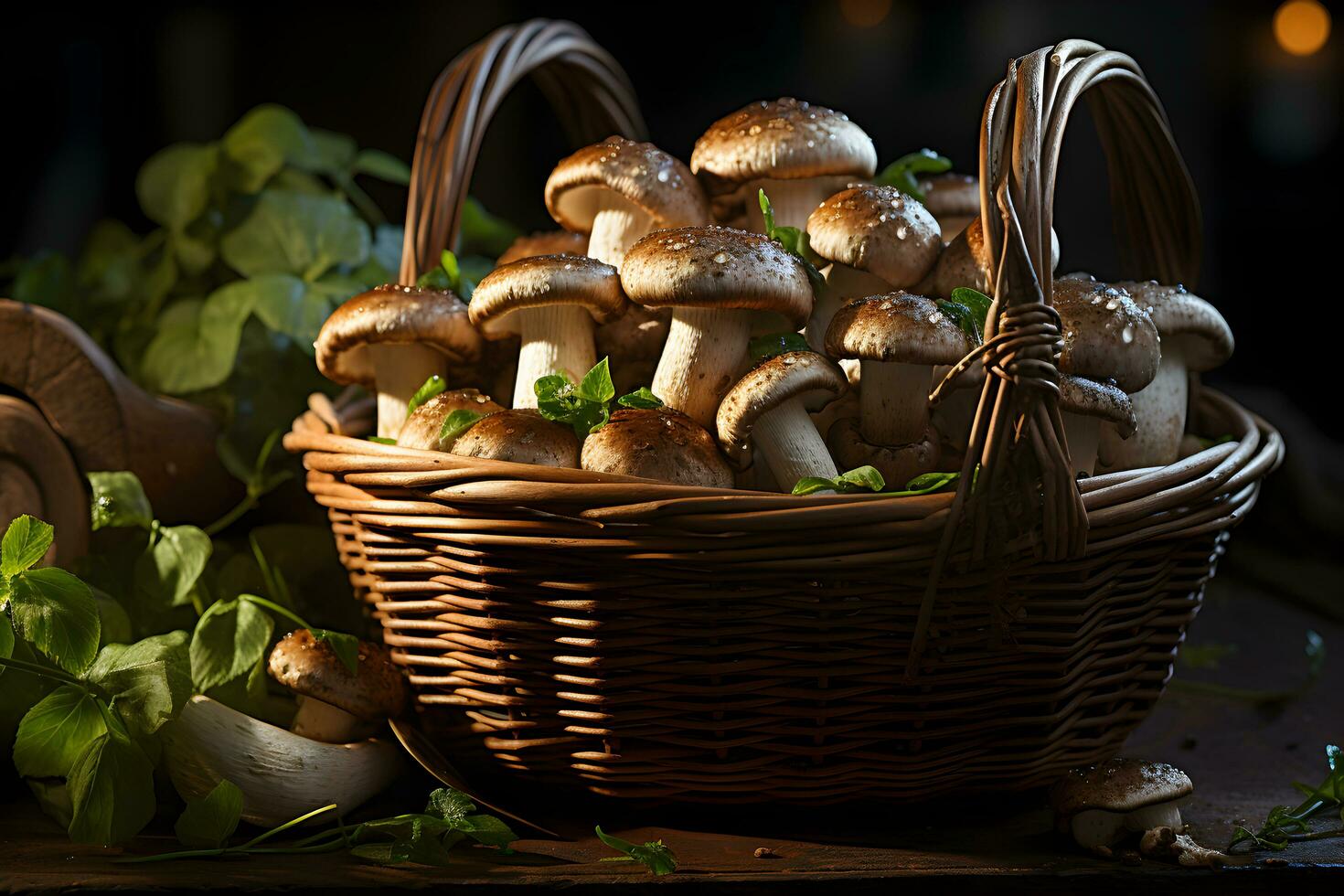recentemente escolhido cogumelos dentro uma cesta em a outono, outono floresta fundo. foto