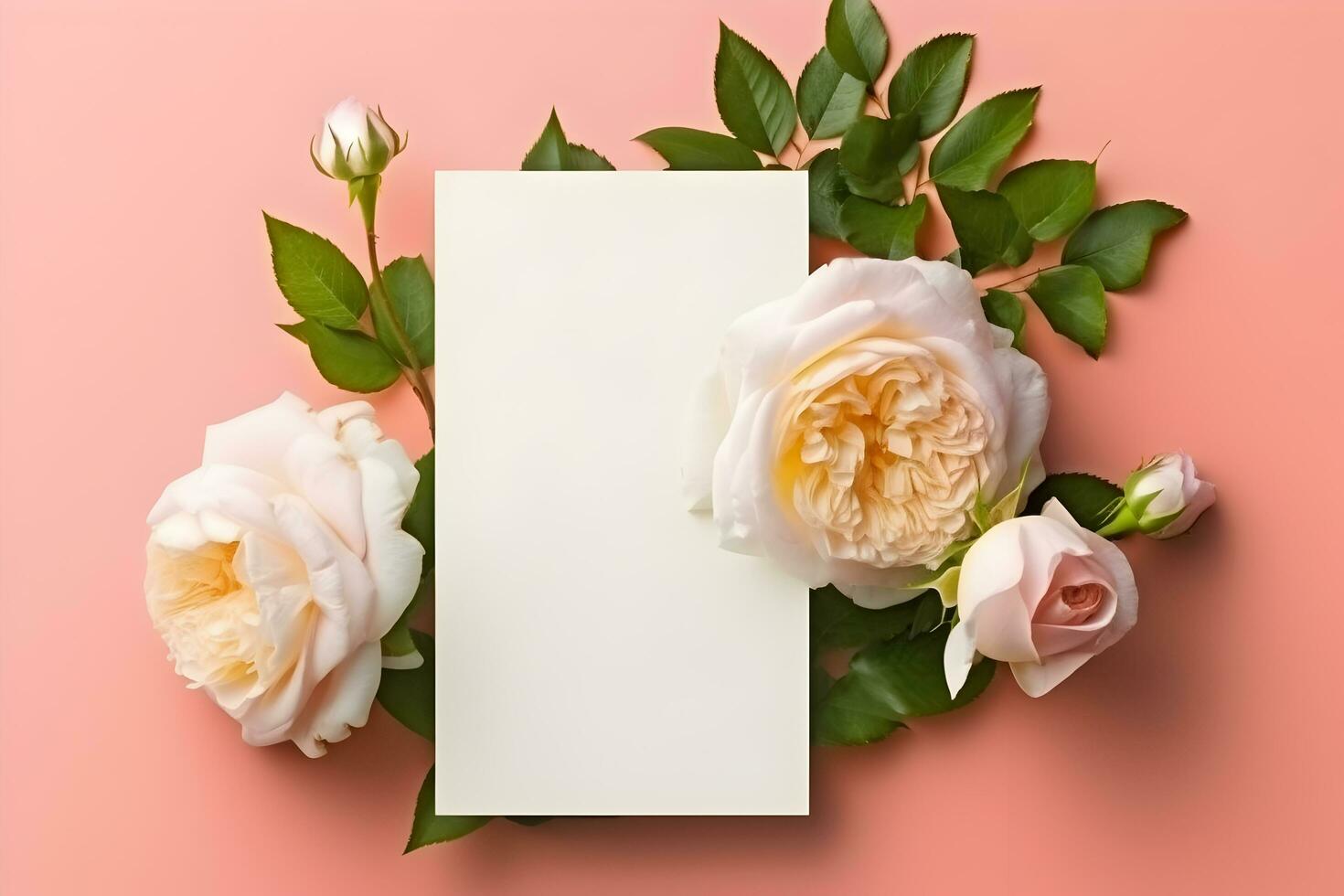 em branco cumprimento cartão brincar com jardim rosas em pastel fundo. verão plano deitar composição com flores topo Visão com cópia de espaço. ai gerado. foto