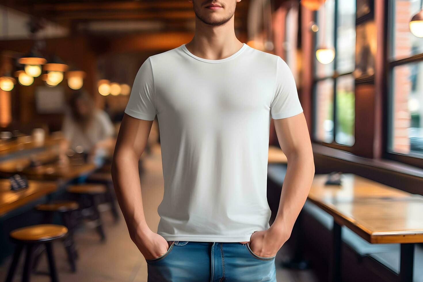 jovem homem vestindo Bella tela de pintura branco t camisa e jeans, às uma acolhedor restaurante em verões dia. Projeto camiseta modelo, impressão apresentação brincar. ai gerado. foto