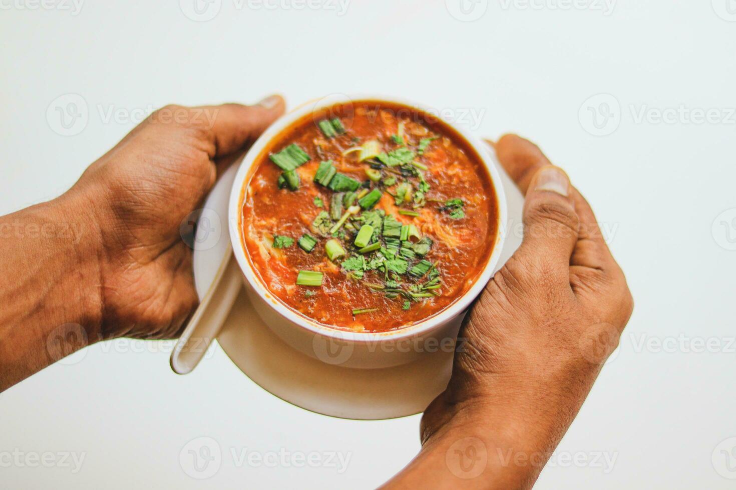 caseiro tomate sopa dentro uma branco tigela com pires. lado Visão isolado em uma branco fundo. foto