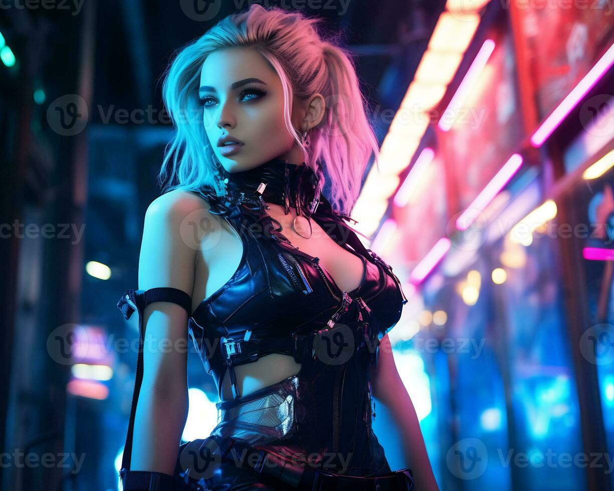 uma foto do uma menina dentro uma iluminado por neon cyberpunk vestuário dentro uma futurista paisagem urbana às noite ai generativo