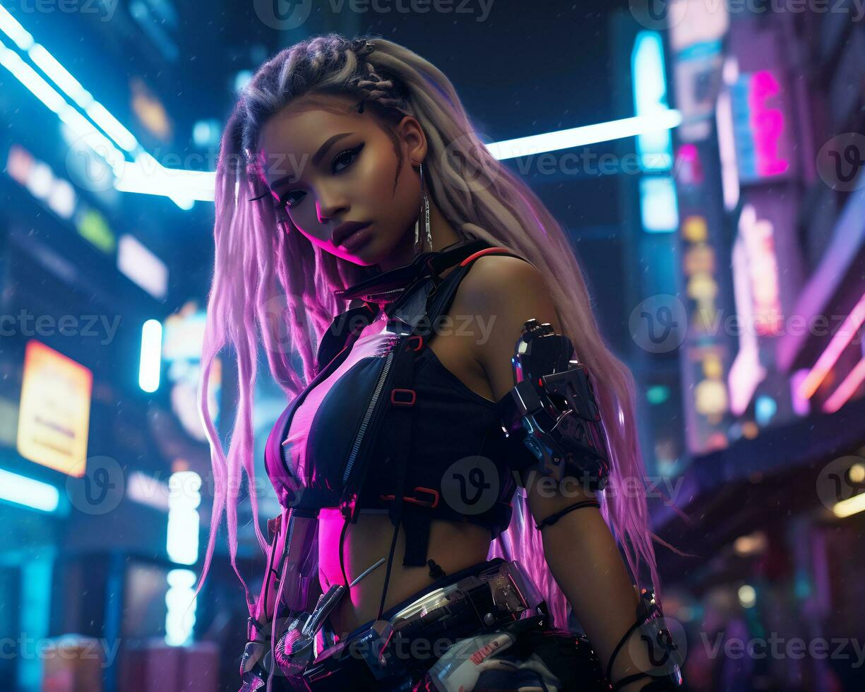 uma foto do uma menina dentro uma iluminado por neon cyberpunk vestuário dentro uma futurista paisagem urbana às noite ai generativo