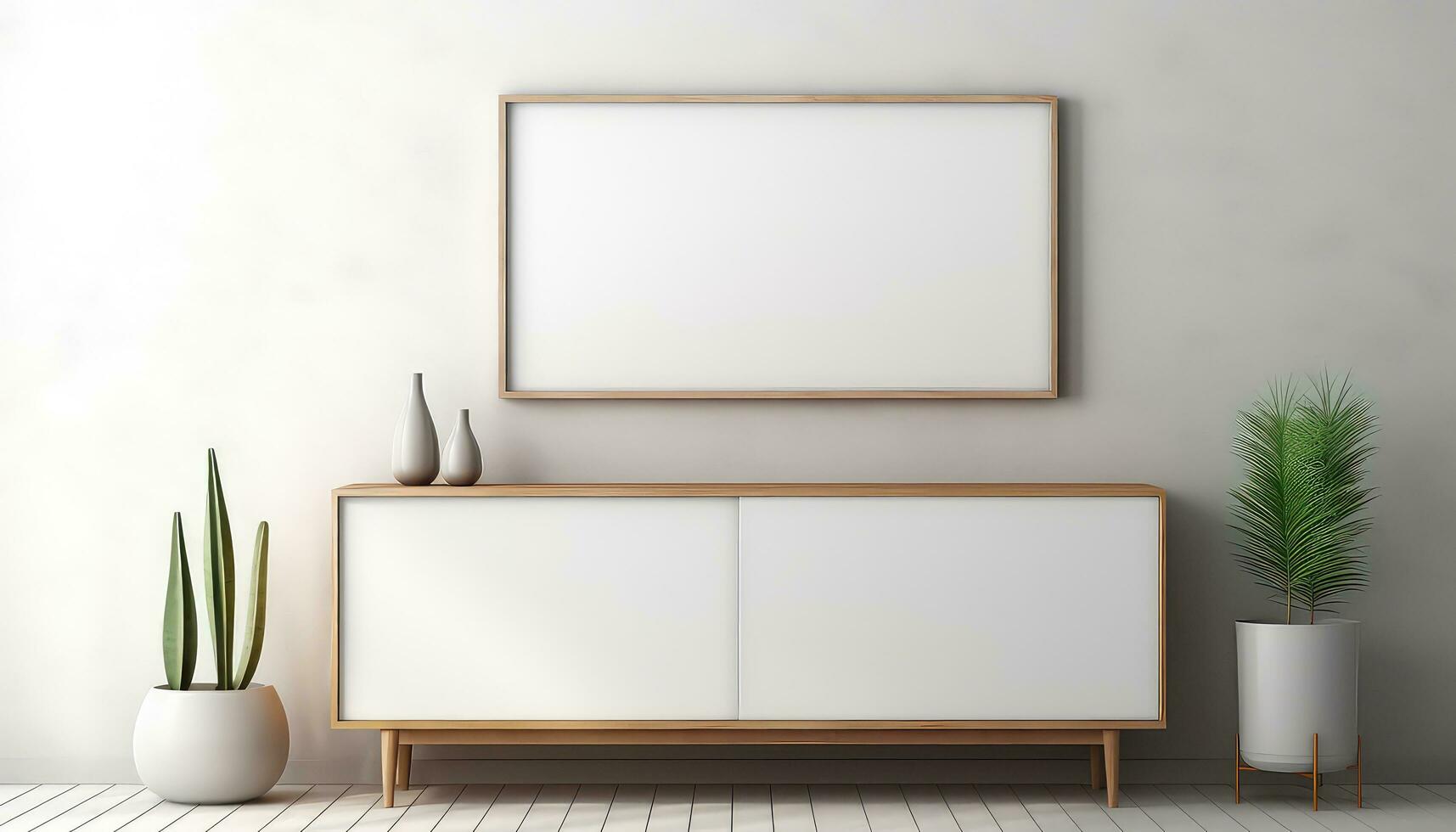 minimalista quadro, Armação e de madeira console com silhueta iluminação ai gerado foto