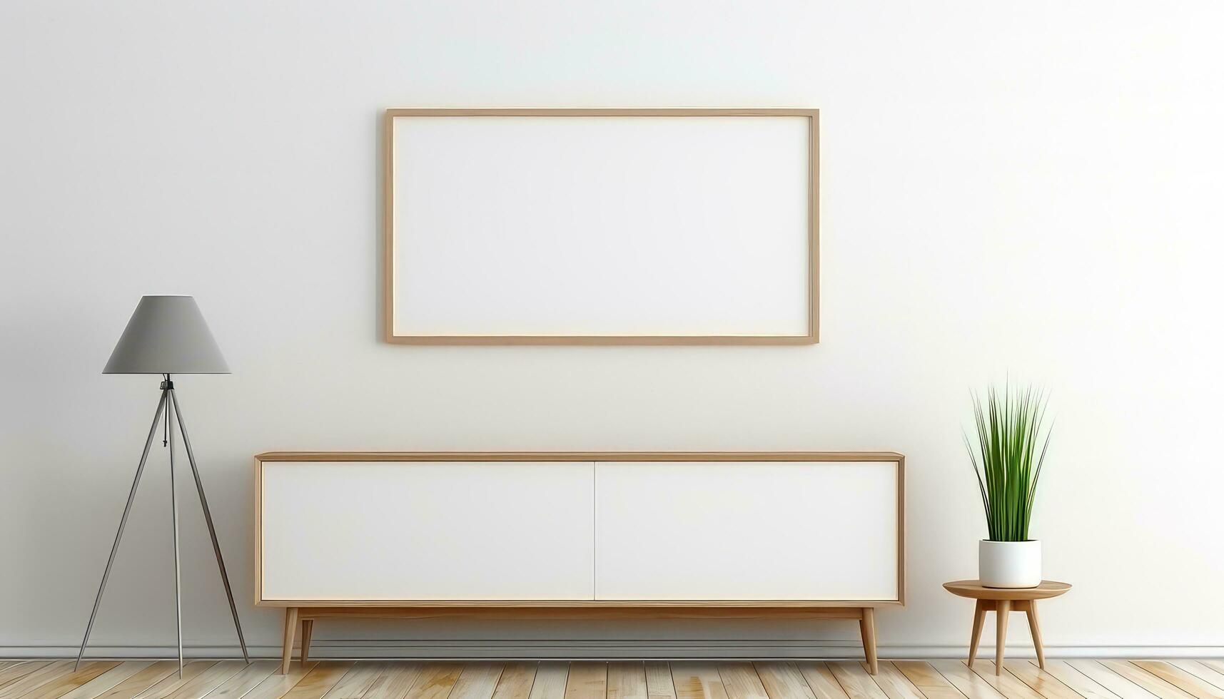 minimalista quadro, Armação e de madeira console com silhueta iluminação ai gerado foto