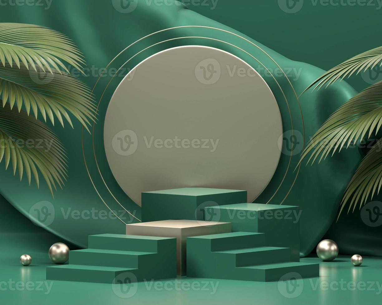 degraus verdes plataforma pódio para exposição de produtos com folhas de palmeira 3d foto