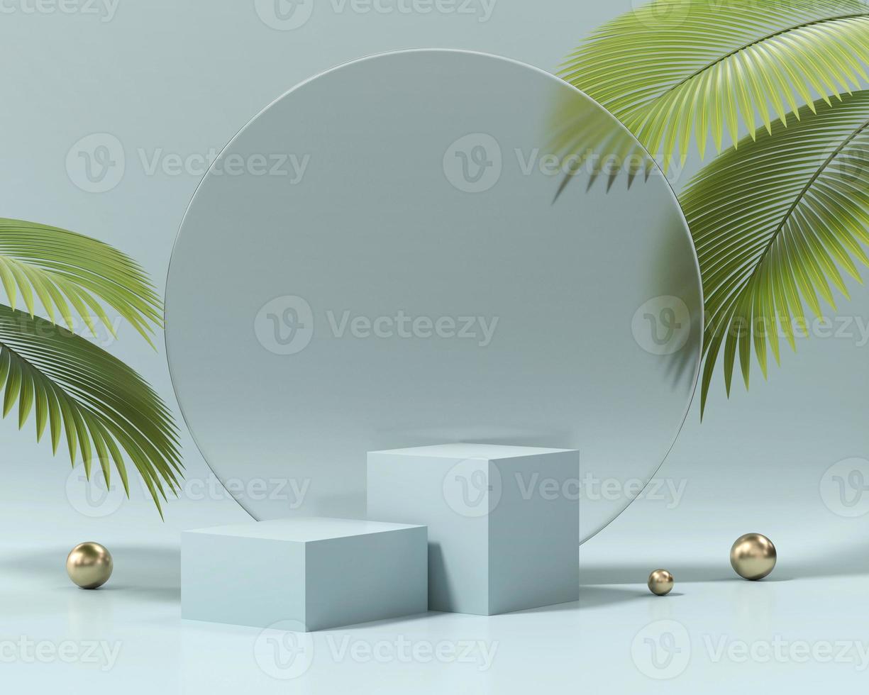 cubos plataforma pódio para exposição de produtos com folhas de palmeira 3d render foto
