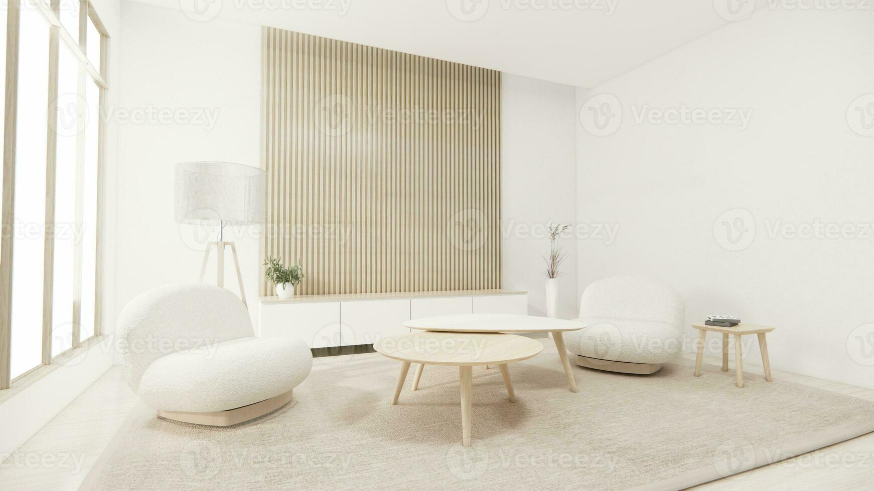 muji minimalista, sofá mobília e moderno quarto Projeto mínimo.3d Renderização foto