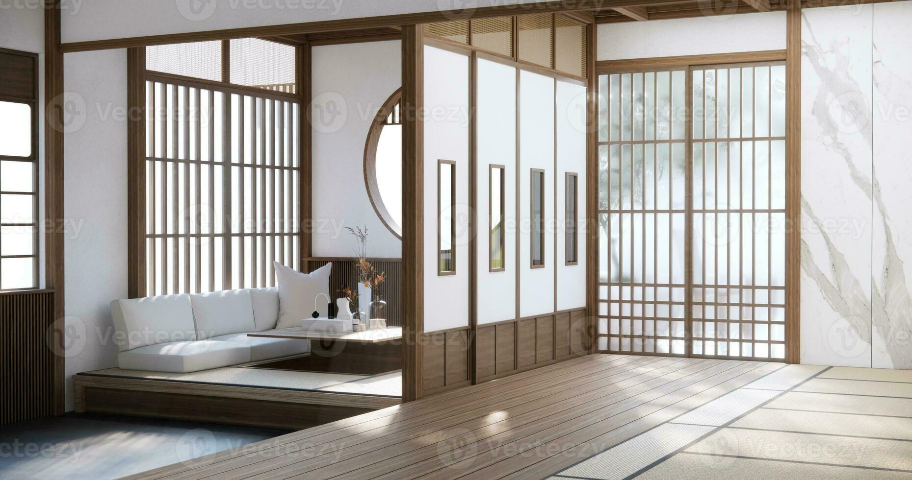 Japão estilo esvaziar quarto decorado com branco parede e madeira ripa parede foto