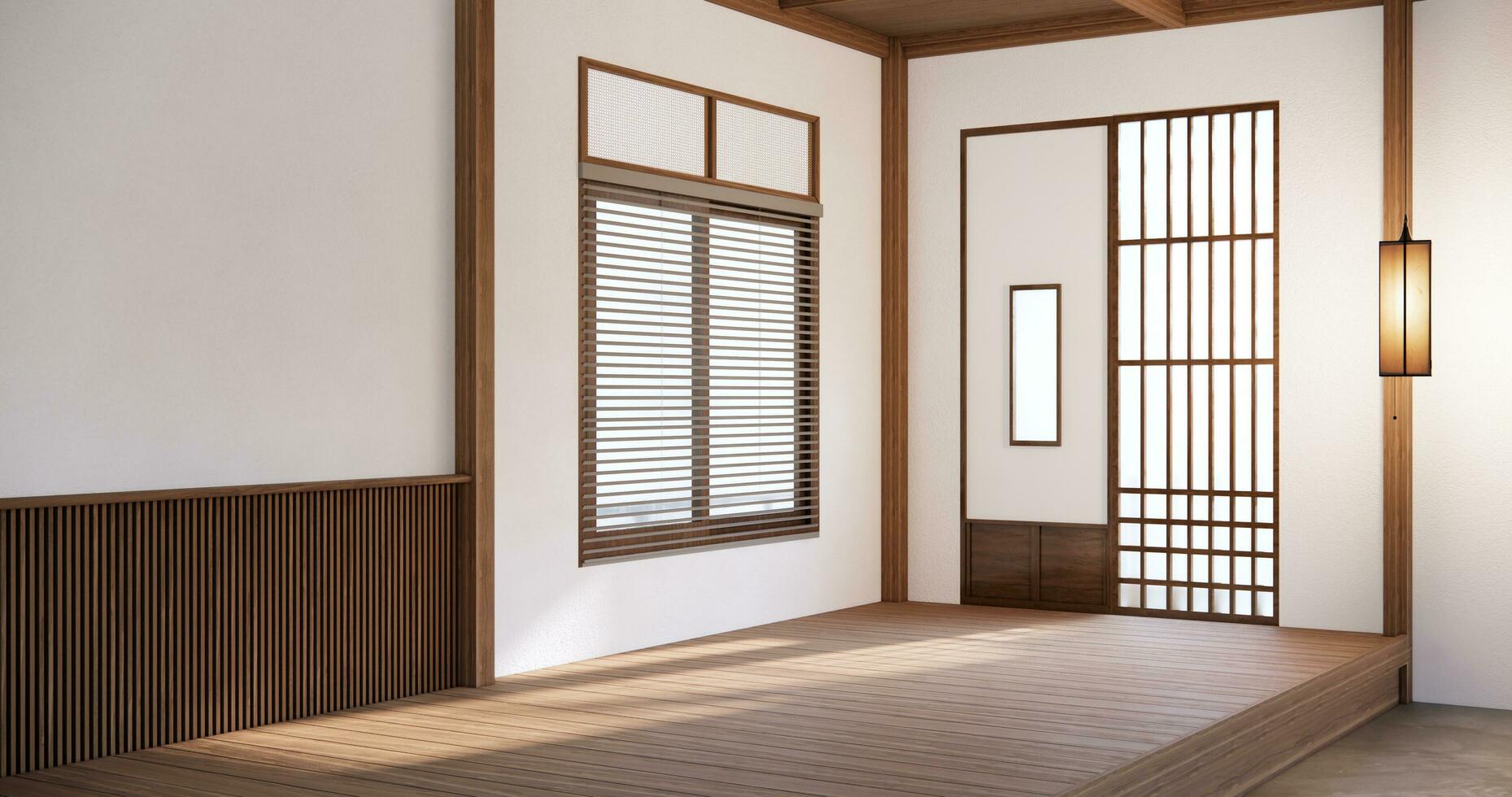 Japão estilo esvaziar quarto decorado com branco parede e madeira ripa parede foto