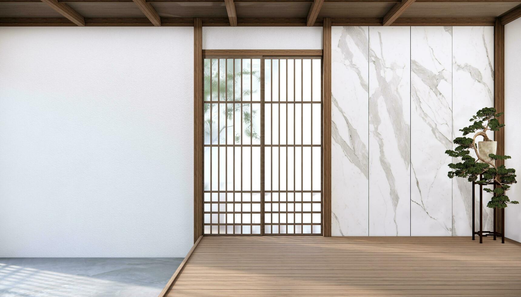 Japão estilo esvaziar quarto decorado com branco parede e madeira ripa parede foto