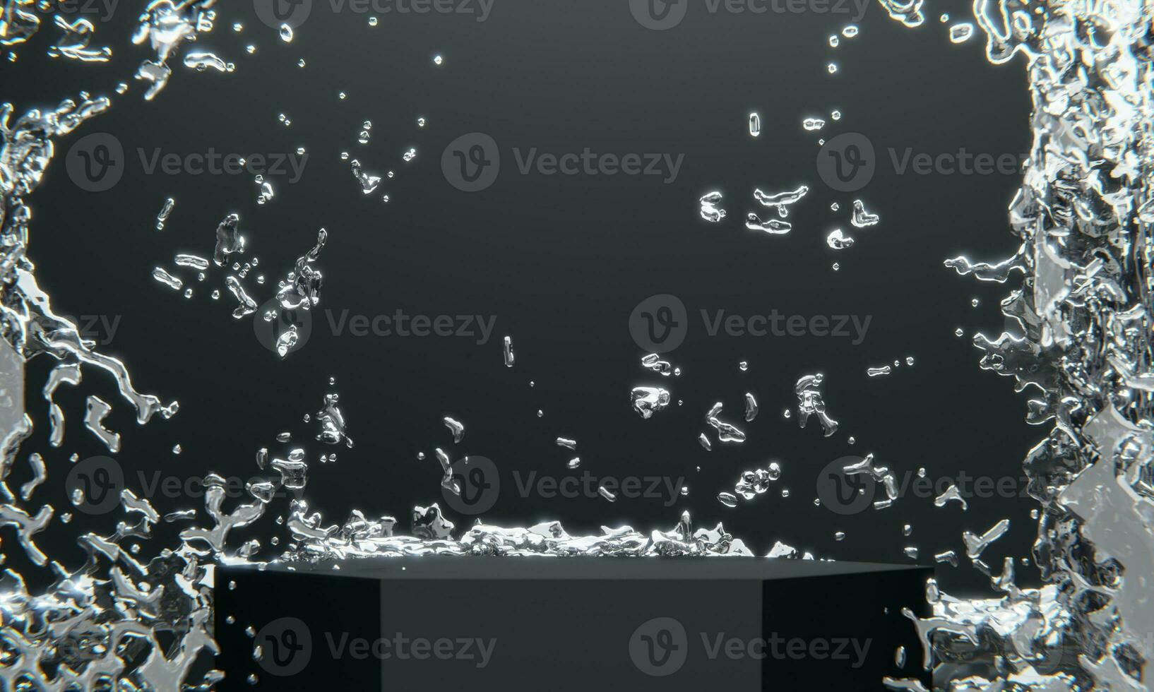 Preto pódio e água espirrando em branco plano de fundo.3d Renderização foto