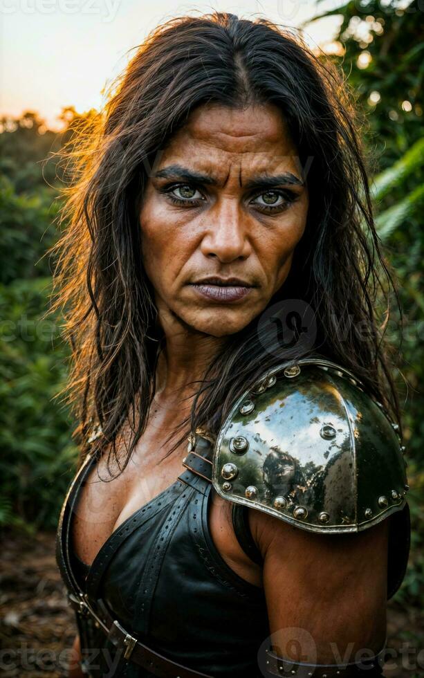 foto do selvagem tribal mulher vestindo armaduras dentro a selva, generativo ai