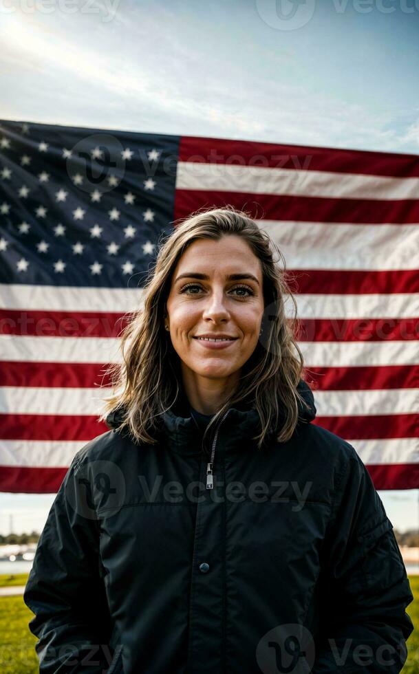 foto do americano pessoas com bandeira, generativo ai