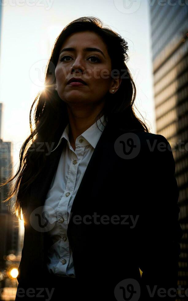 foto do sério escritório trabalhando mulher com Alto subir construção dentro fundo, generativo ai