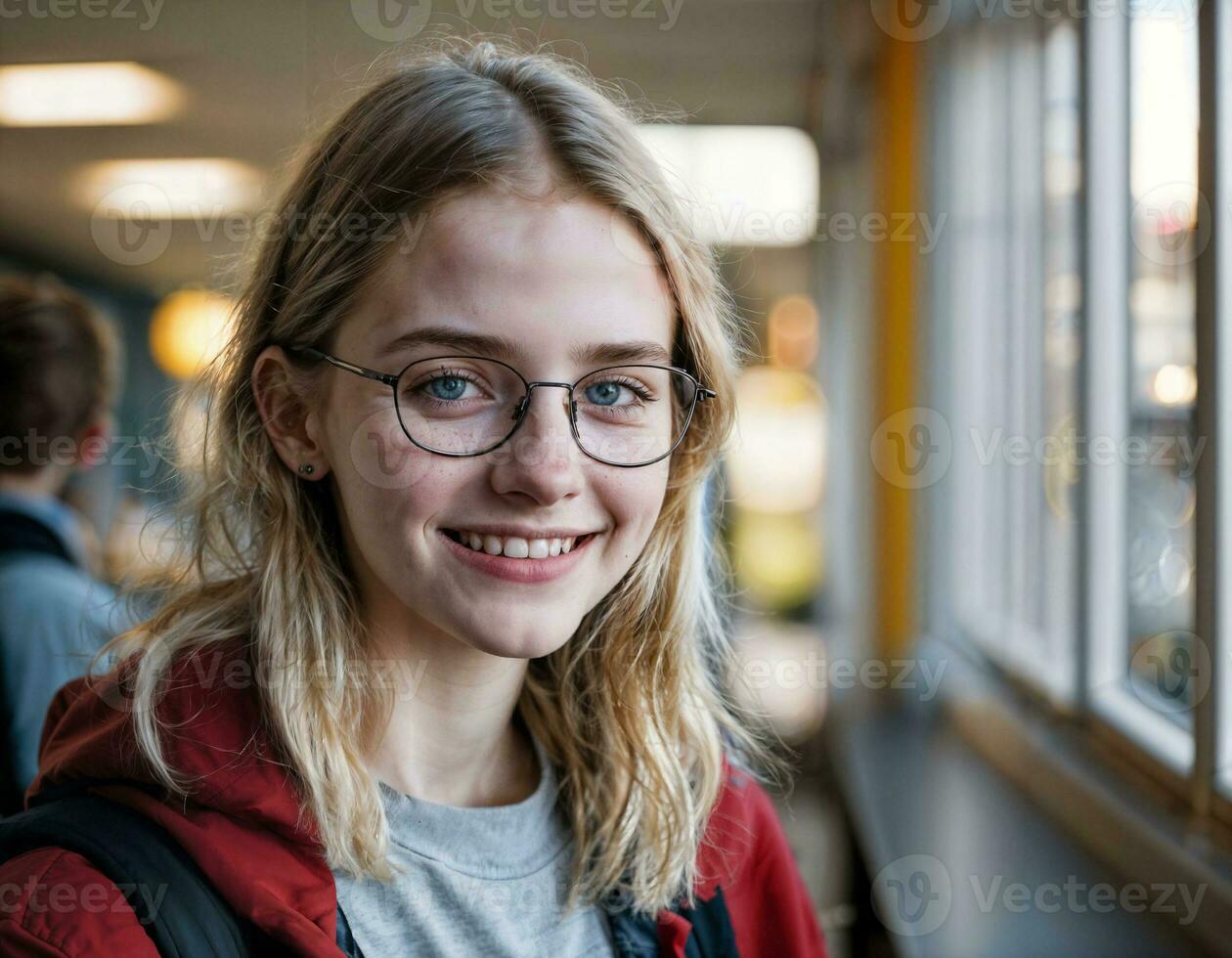 foto do feliz menina adolescente dentro cantina escola, generativo ai